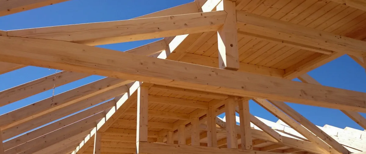 Nahaufnahme eines Dachstuhls aus Holz